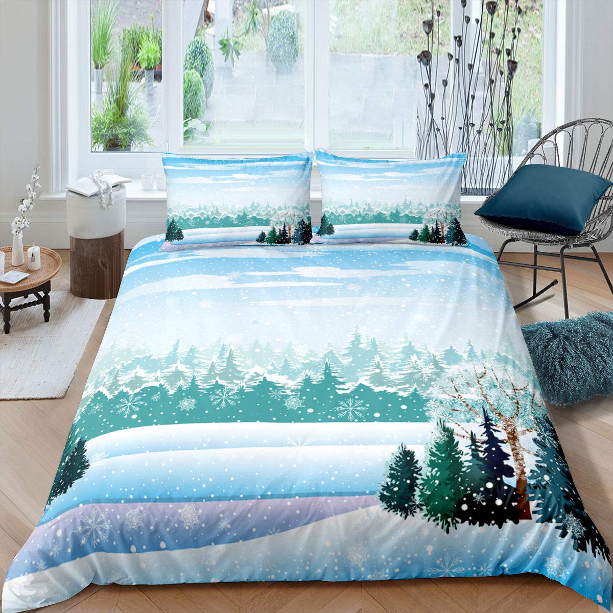 ErosebridalPine Tree Bedding Set Christmas Theme Blue Comforter Cover King Size Snow Winter Scene Duvet Cover for Kids Branches Cartoon Bedspread Cover with Zipper Decorative Boys Girls Room