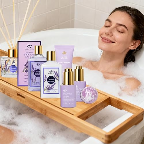 Miniatura 7 de Cesta de regalo de 35 piezas de lavanda para baño y cuerpo para mujeres, juego de cuidado facial de la piel, kit de spa, juego de cuidado personal,