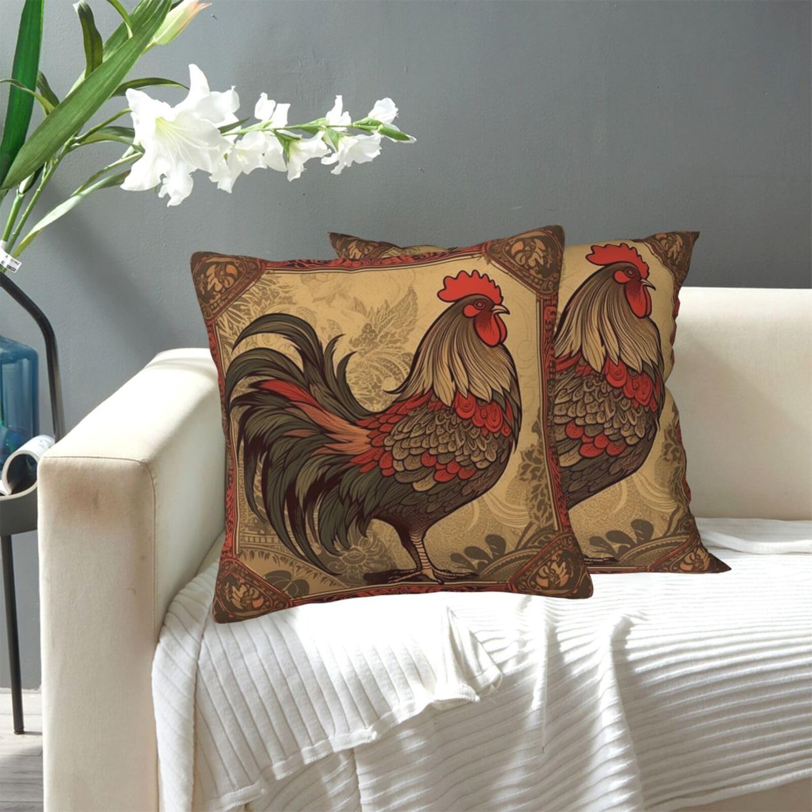 FekiLoot Decorative Throw Pillow Covers Modern Farmhouse Pillowcase Double Sided Cozy Cushion Cover for Sofa Couch Bed 18"X18" Old Rooster Illustration