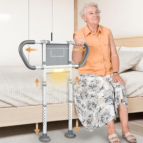 Miniatura 9 de Rieles de cama para adultos mayores Rieles ajustables de asistencia de cabecera con bolsillos de almacenamiento, asas antideslizantes, luz nocturna