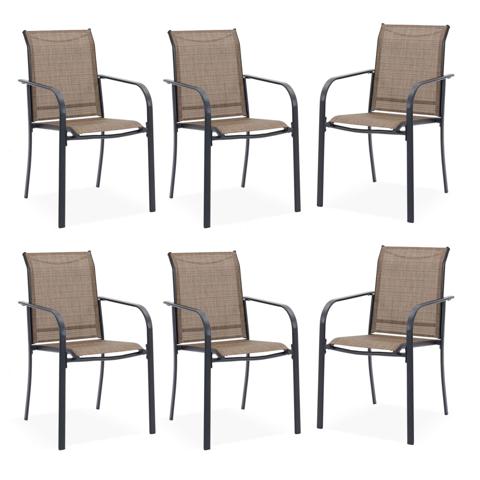 DIFY Patio Chairs Set of 6, Stackable Textilene Outdoor Dining Chairs with Metal Frame, All Weather Outdoor Chairs Set for Backyard Garden Deck Poolside, Brown