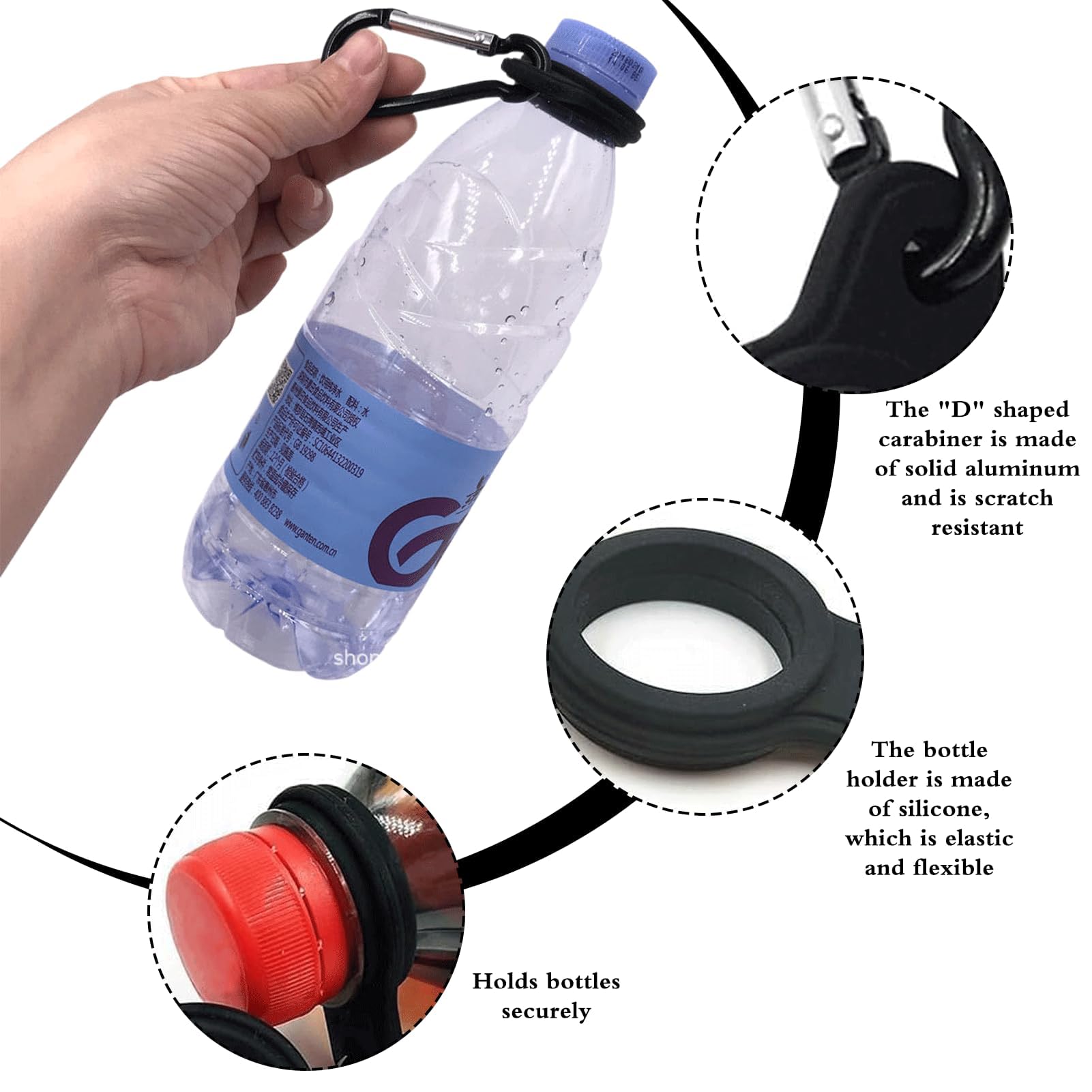KAPSING Juego De Cinturón Portabotellas De 5 Piezas Con Mosquetón, Hebilla Para Botella De Agua, Llavero Negro Con Clip Para Portabotellas, Para