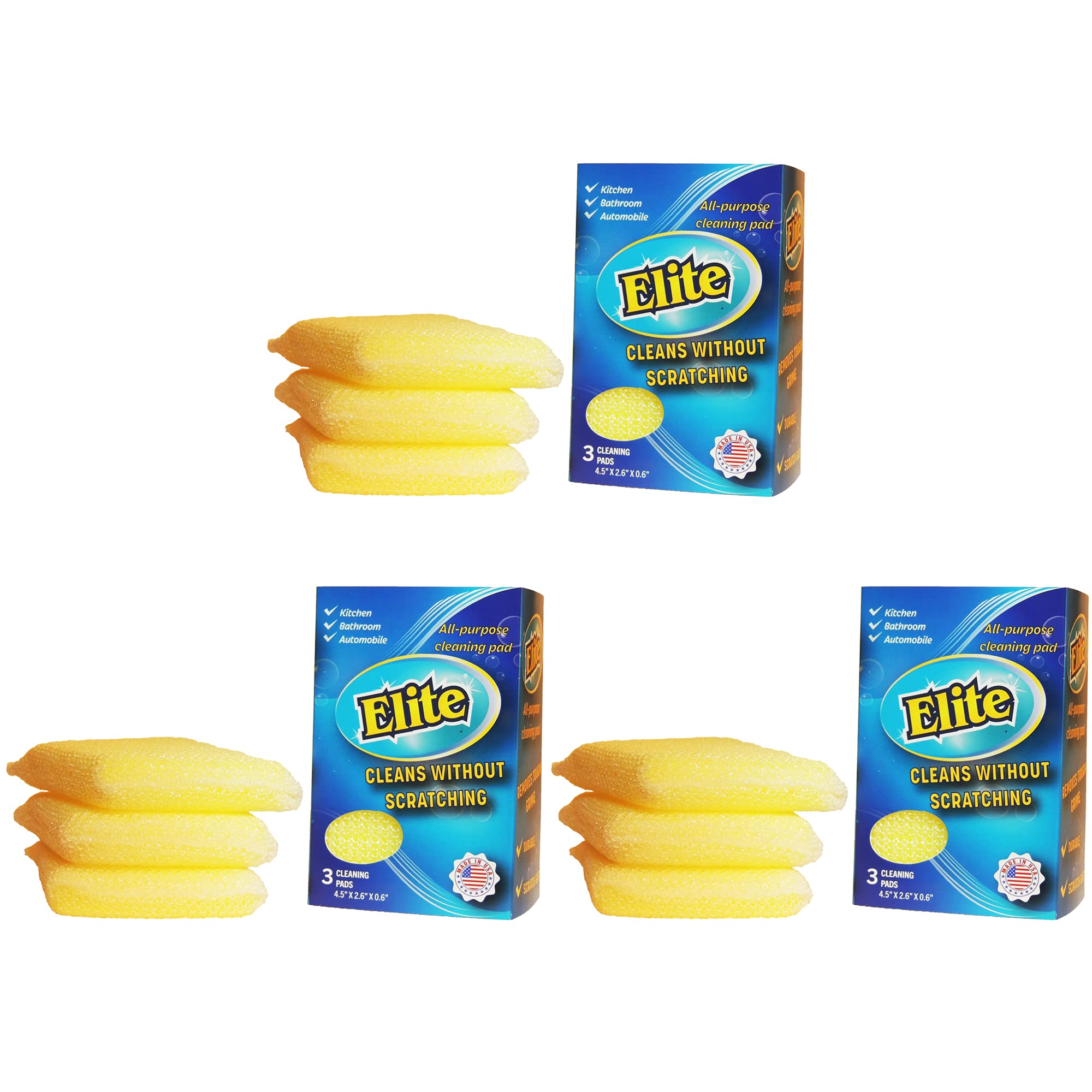 Elite All Purpose Cleaning Pad, 9 Pads (3x3pack), Non Scratch, Dish Sponge, Scrubber, Sponges for Kitchen and Household Use, Made in USA