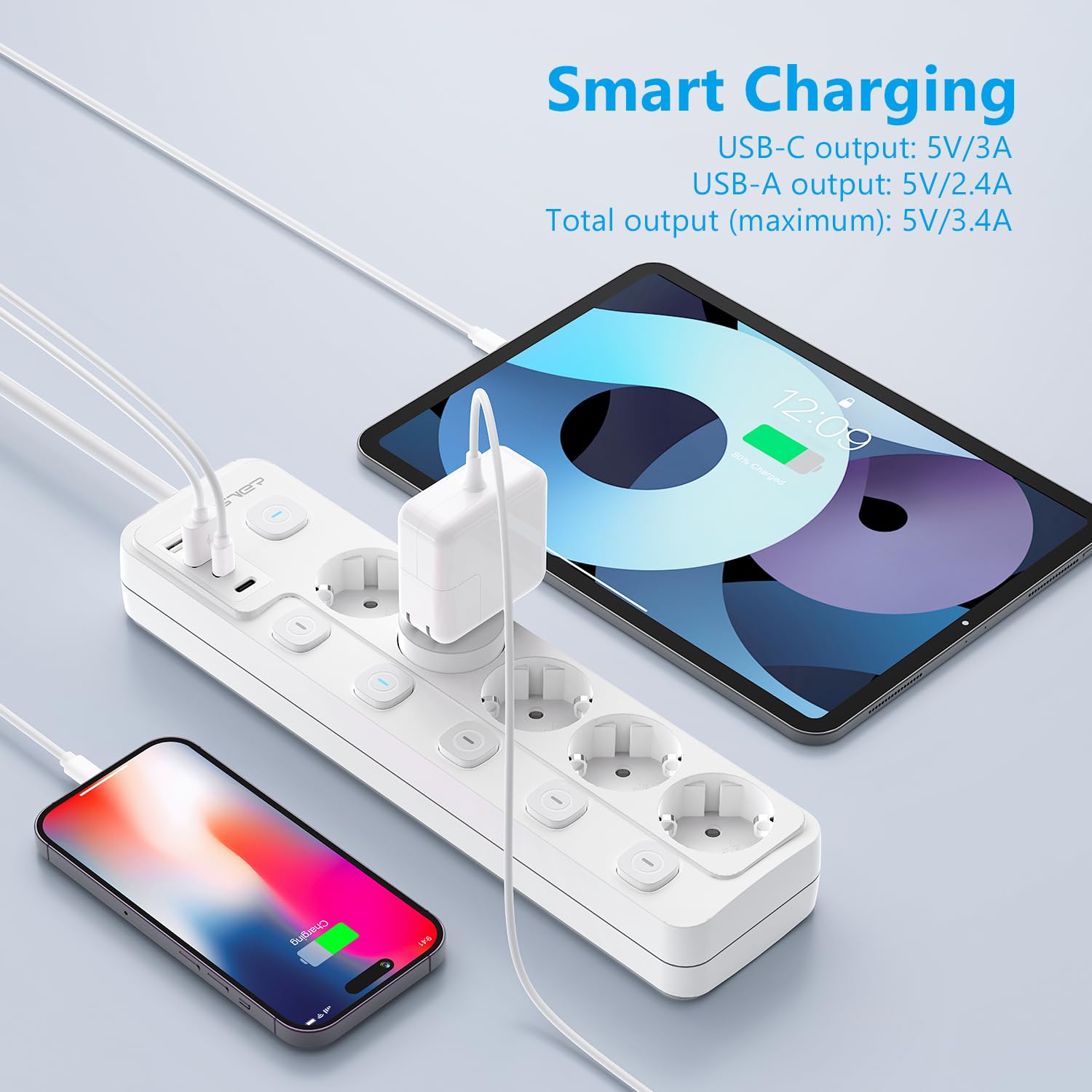 JSVER Enchufe con 5 Tomas y 4 Puertos USB, Regleta con Interruptor Individual, Alargador Múltiple con 2 USB A y 2 USB C, Cable 2m - Blanco — view 4