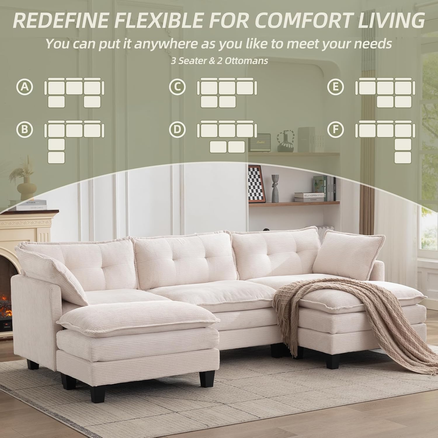 Modular Sectional Sofa, 3-Seat Sofa with 2 Movable Ottomans, U/L Shaped Configurable, Corduroy Fabric, Solid Wood & Metal Frame, 250 LBS Per Seat, for Living Room Bedroom, Beige