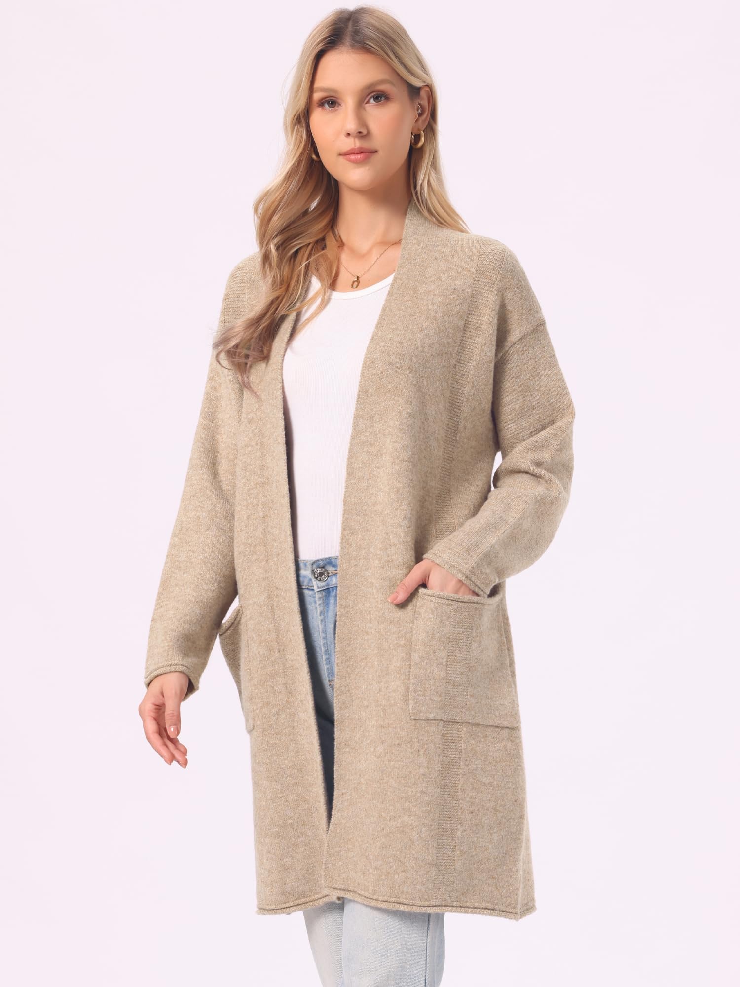 Allegra K Gilet Long Cardigan pour Femme, Ouvert sur Le Devant, Manches Longues, en Mailles décontractée, avec Poches