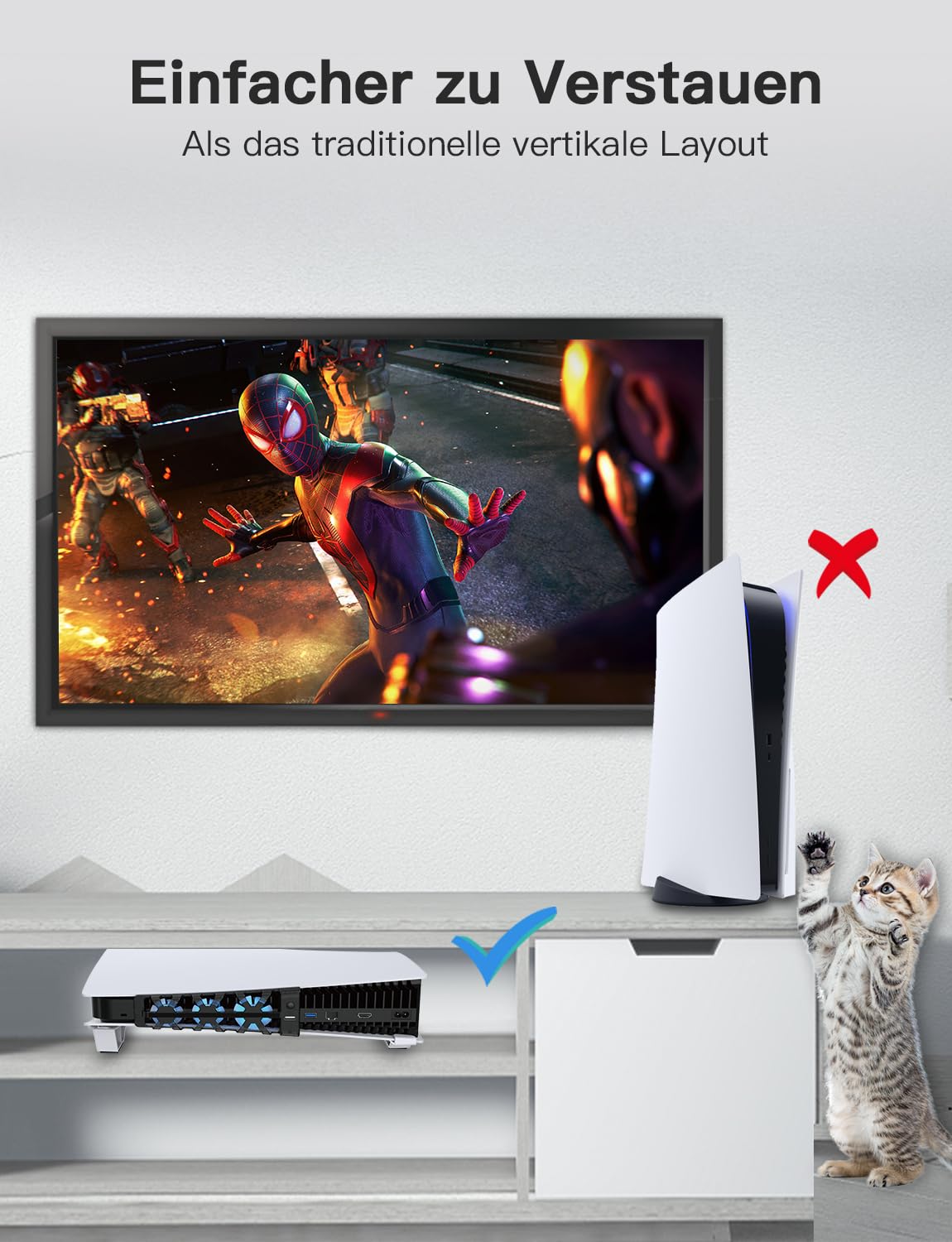 NexiGo PS5 Horizontaler Ständer mit Kühlventilator, [Auto EIN/Aus], [Minimalistisches Design], Kompatibel mit PlayStation 5 Disc & Digital Editions, Integriertes LED-Licht