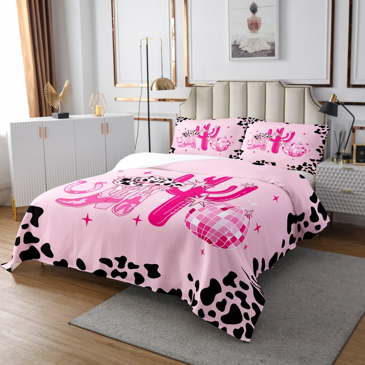 Western Cowboy Bedspread Set Queen Size for Kids,Boys Girls Cowgirl Quilt Set Pink and Black Bedspread Coverlet Farm Life Bedspread 3 Piece Decorative Bedding Quilted with 2 Pillow Shams