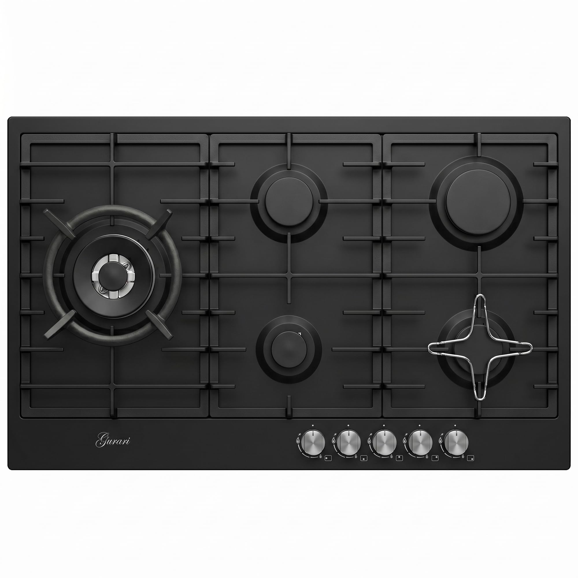 Gurari Gaskochfeld 90 cm GCH FB 905 BL • Autarkes Gas Kochfeld Schwarz Emaille • 5 Gasbrenner mit 4,0 kW WOK Brenner • DEFENDI Flat Brenner • Gusseisen Topfträger • Erdgas & Propangas