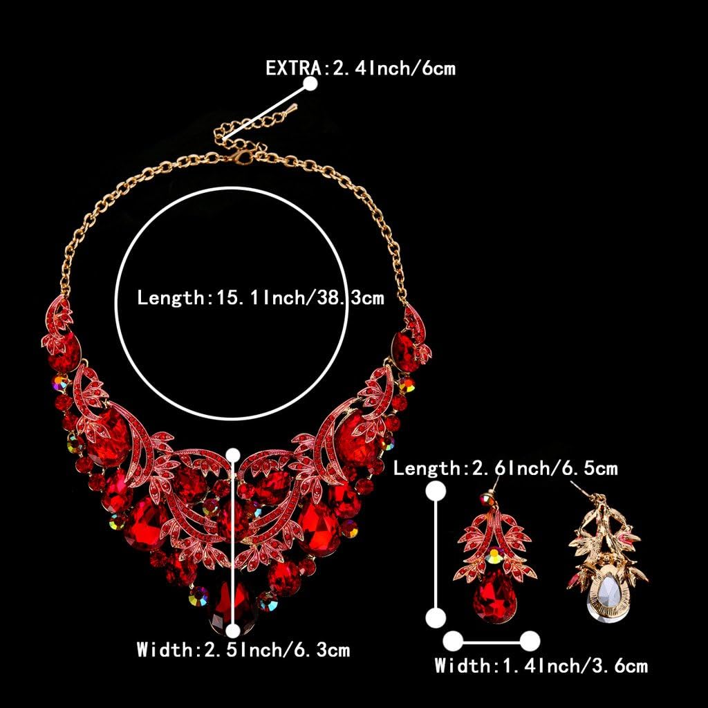 BriLove Women's Bohemian Boho Crystal Teardrop Filigree Leaf Hollow Statement Necklace Dangle Earrings Set - Image 4