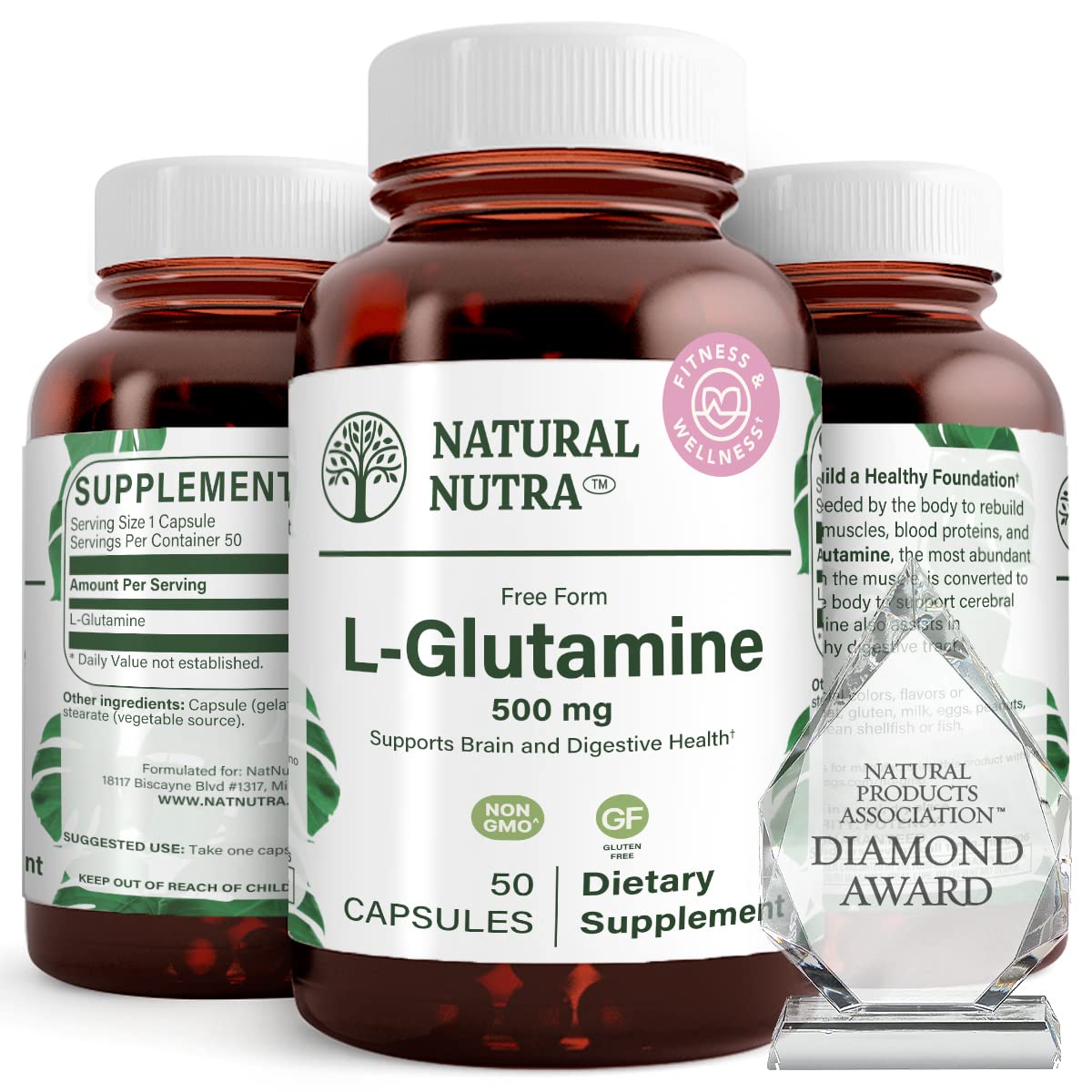 Natural Nutra L Glutamine, Helps to Promote Optimal Brain Functioning, Support Digestive Functioning, Improve Muscle Health and Boost Memory and Focus, Support Cerebral Functioning, 500 mg 50 Capsules