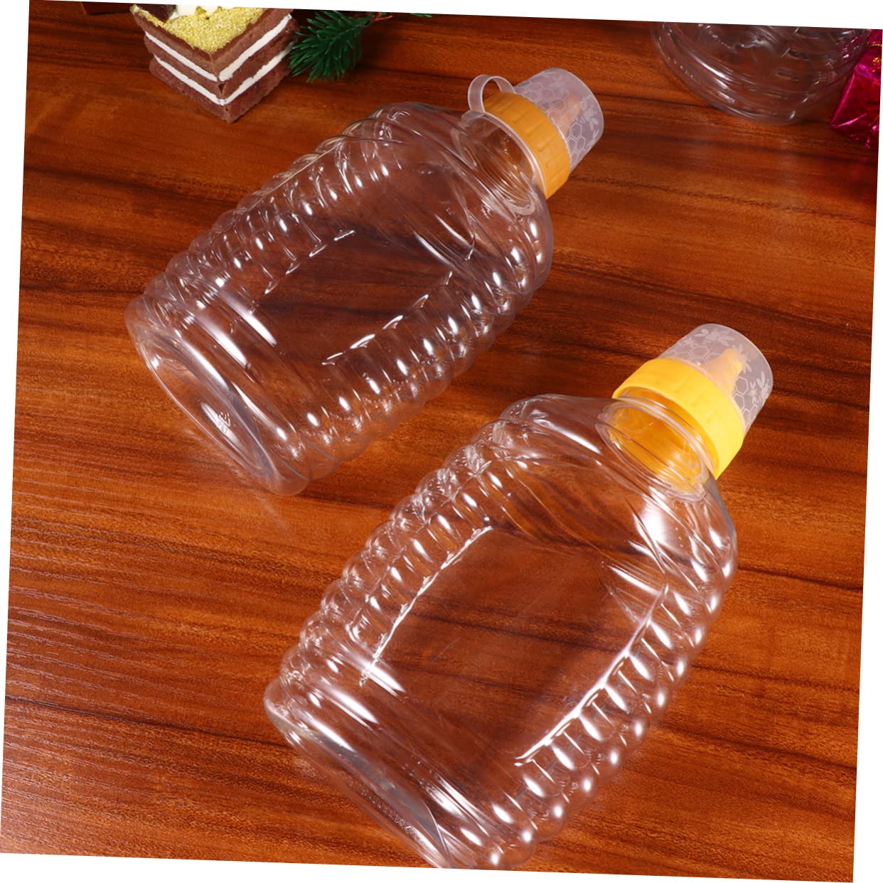 MUCKLILY 4Pcs Transparent Plastic Honey Bottles with Lids Capacity Food Packaging Jars for Honey Jam Bbq Reusable and Compact Dispenser for Home