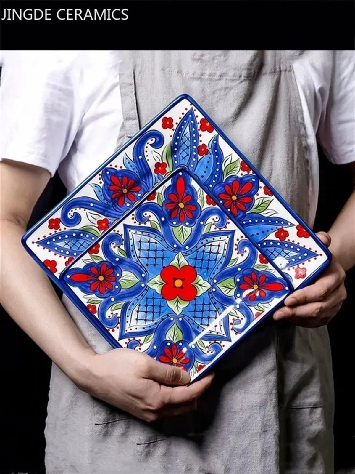Vaisselle en céramique peinte à la main - Assiette plate en porcelaine colorée sous vernis (Style q)
