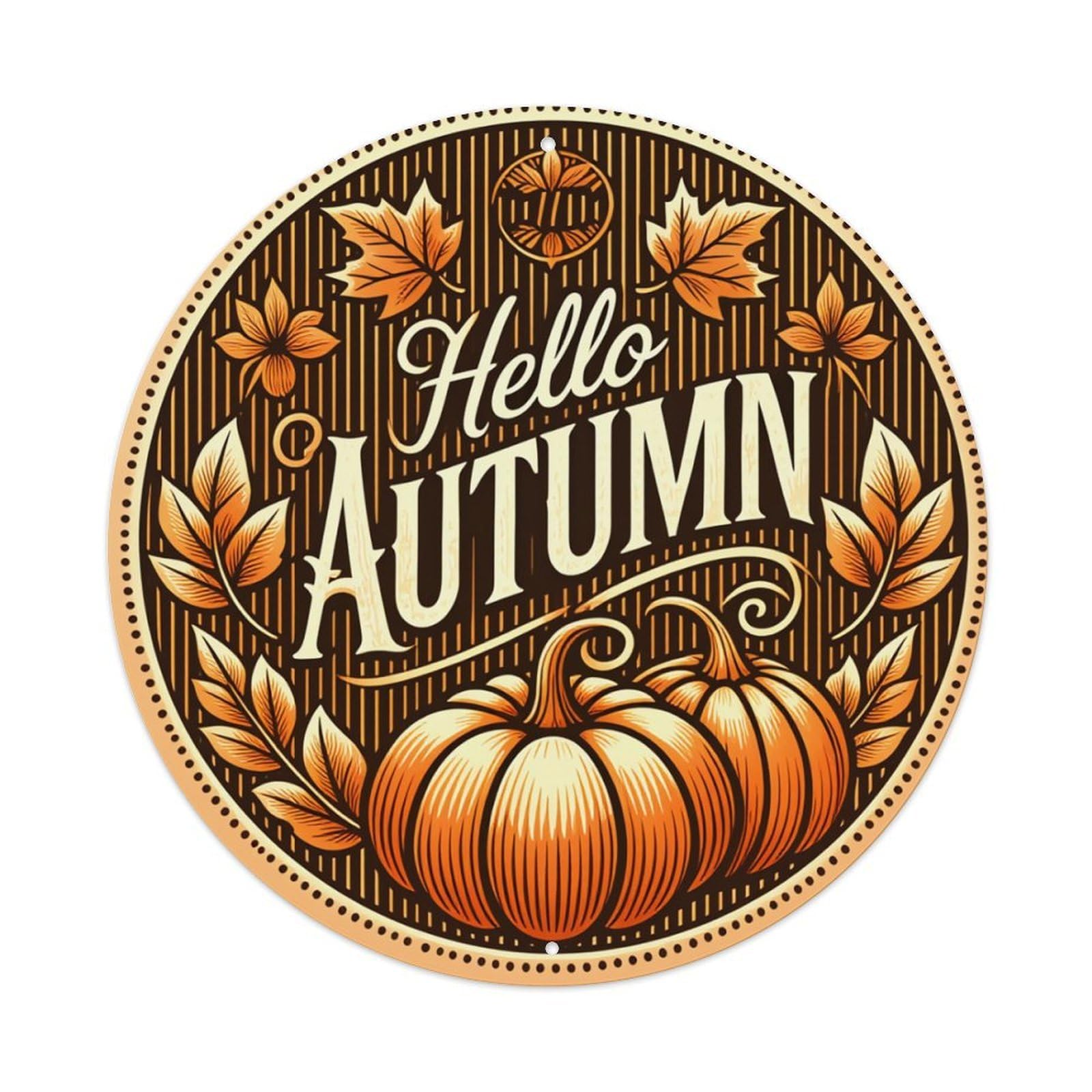 Hello Autumn Pumpkin Leaves Pattern Round Tin Sign Vintage Metal Poster, Home Bar Garage Man Cave Cafe Indoor & Outdoor Wall Decoration 8x8Inches