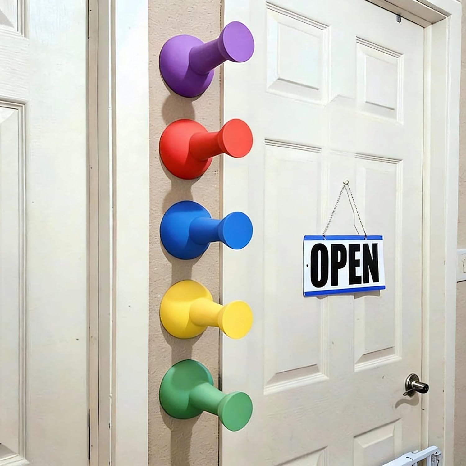 Tenceur 5 Pcs 4" Rainbow Wood Wall Hooks Colorful Push Pins Shaped Hat Rack Giant Colored Wood Thumb Tack Decor Hooks Wall Mounted for Nursery Home Dressing Bedroom Office Dopamine Gifts