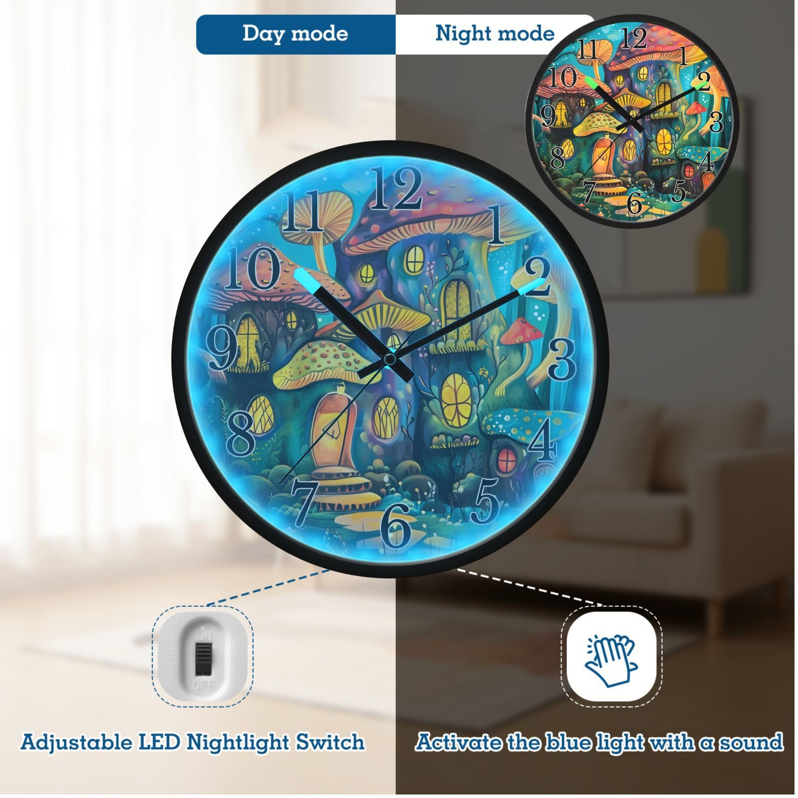 Mnsruu Reloj de pared luminoso con diseño de hongos, conciertos de bosque, reloj de dormitorio, funciona con pilas, reloj silencioso que brilla en la oscuridad, para sala de estar, cocina, 30,5 cm