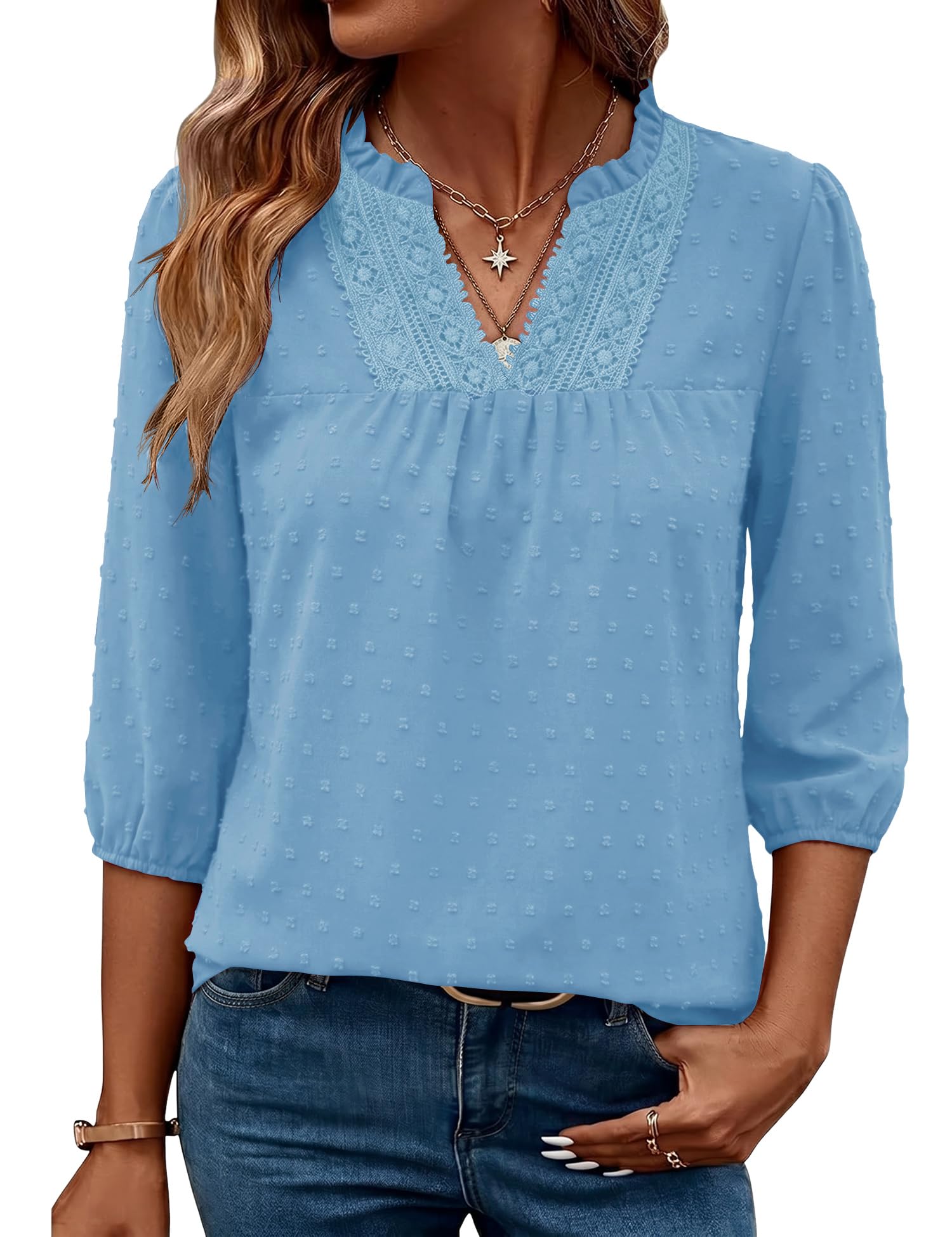 iWoo Damenbluse 3/4 Arm V-Ausschnitt Elegant Spitze Tunika Sommer Top 2026 | Elegant Locker Loose Fit Outfits,Elegante V-Ausschnitt Spitze 3/4 Arm,Atmungsaktives Business Sommer Top für Büro oder Urlaub