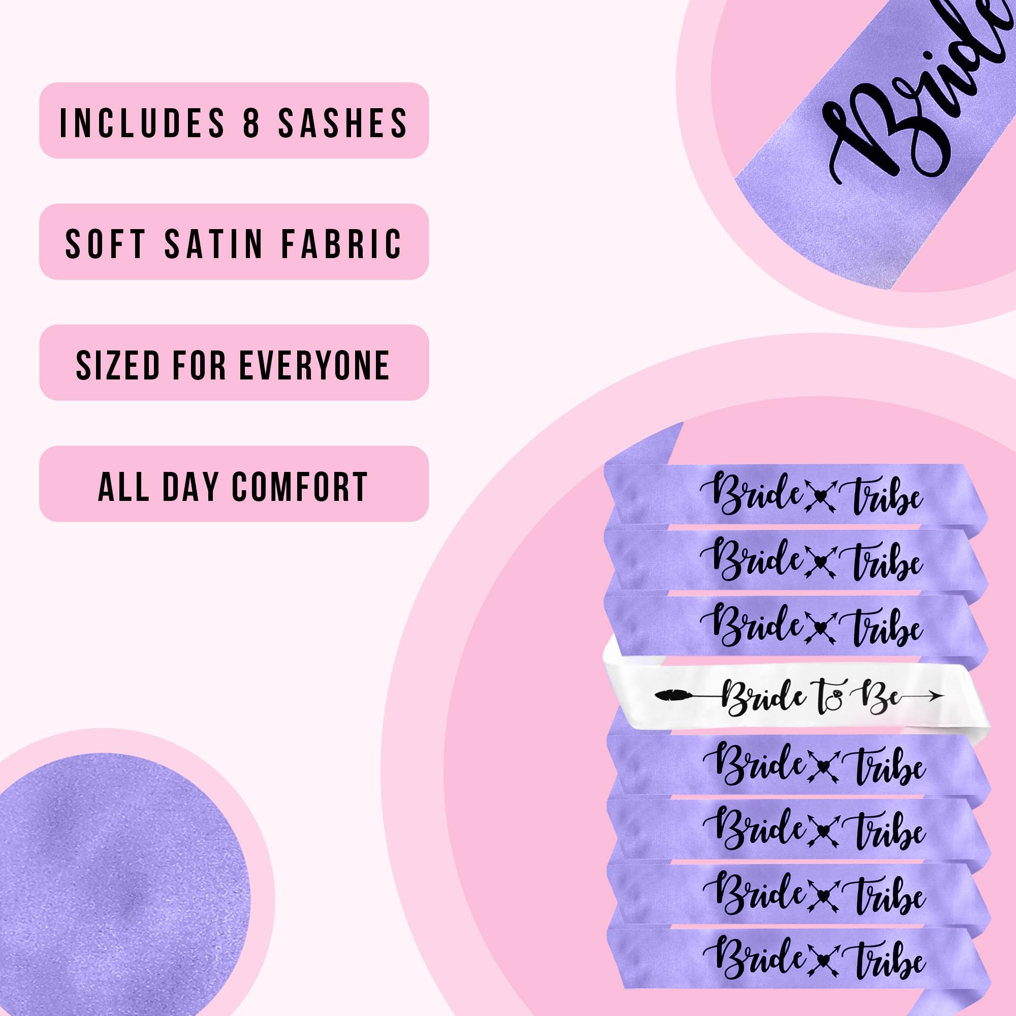 Bachelorettesy Bride Tribe Bridesmaids Sashes 8 Pack Satin Bachelorette Sashes for Bridal Shower Decorations, Bachelorette Party Decorations, Bachelorette Party Favors Girls' Night Out - Lavender