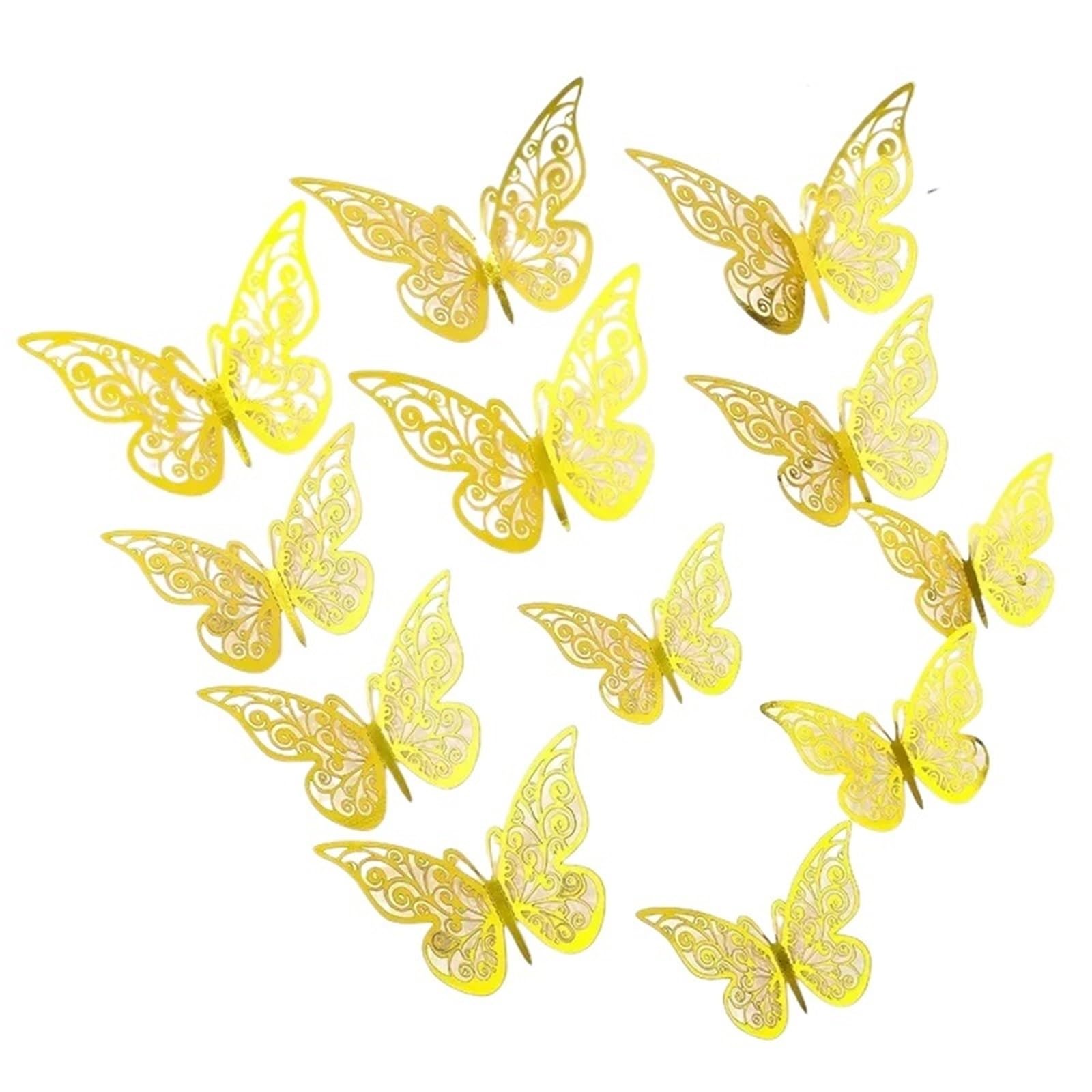 3D Butterfly Wall Decoration 12pcs 3D Openwork Butterfly Wall Stickers Stereo Background Decoration Colourful(A glod 12pcs)
