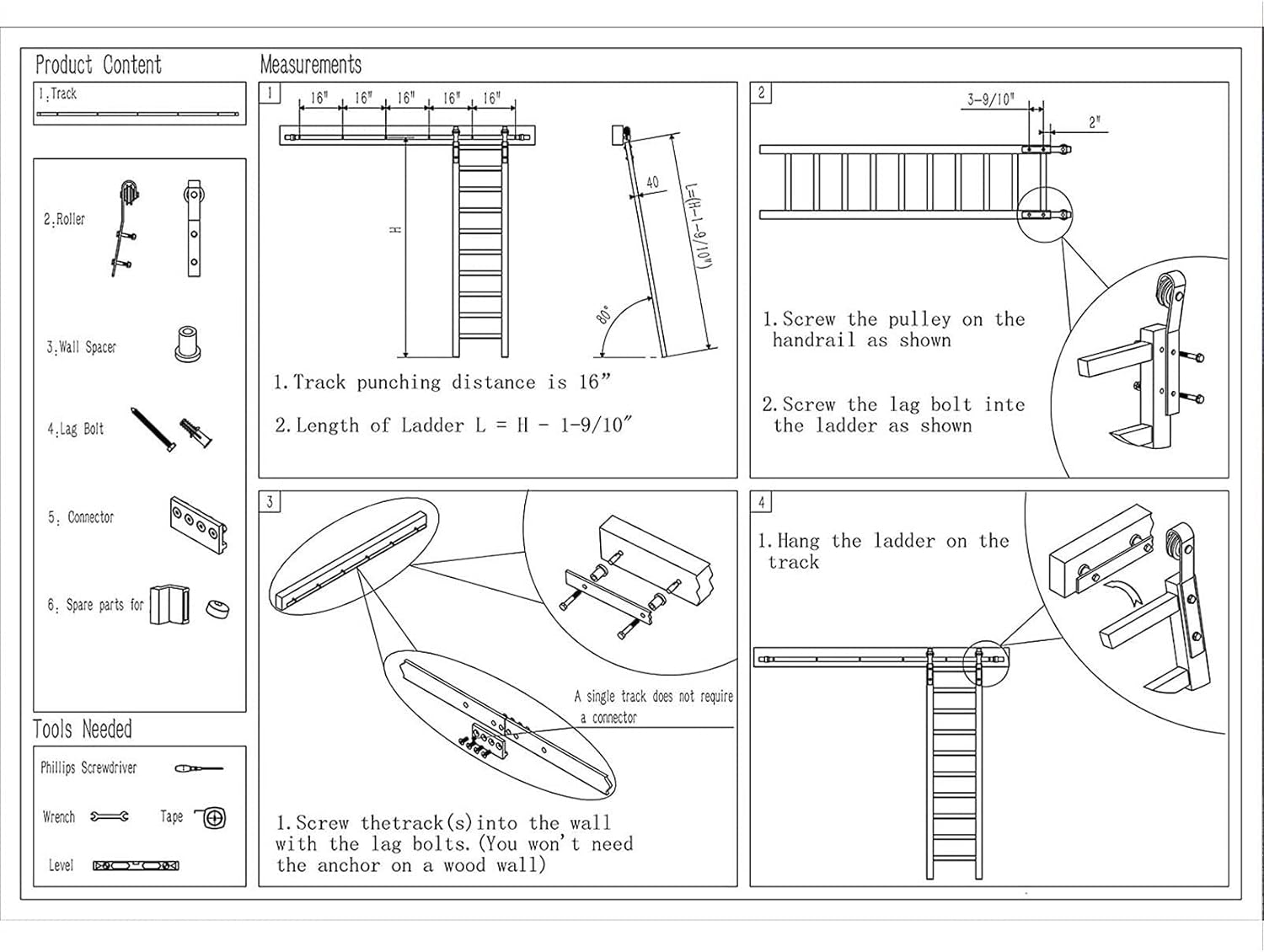 Sliding Ladder Hardware Full Set Library Rolling Ladder Track Kit, Black Sliding Ladder Library Full Set Hardware Rolling Track with Floor Roller Wheels (200cm(6.6 ft) track kit)