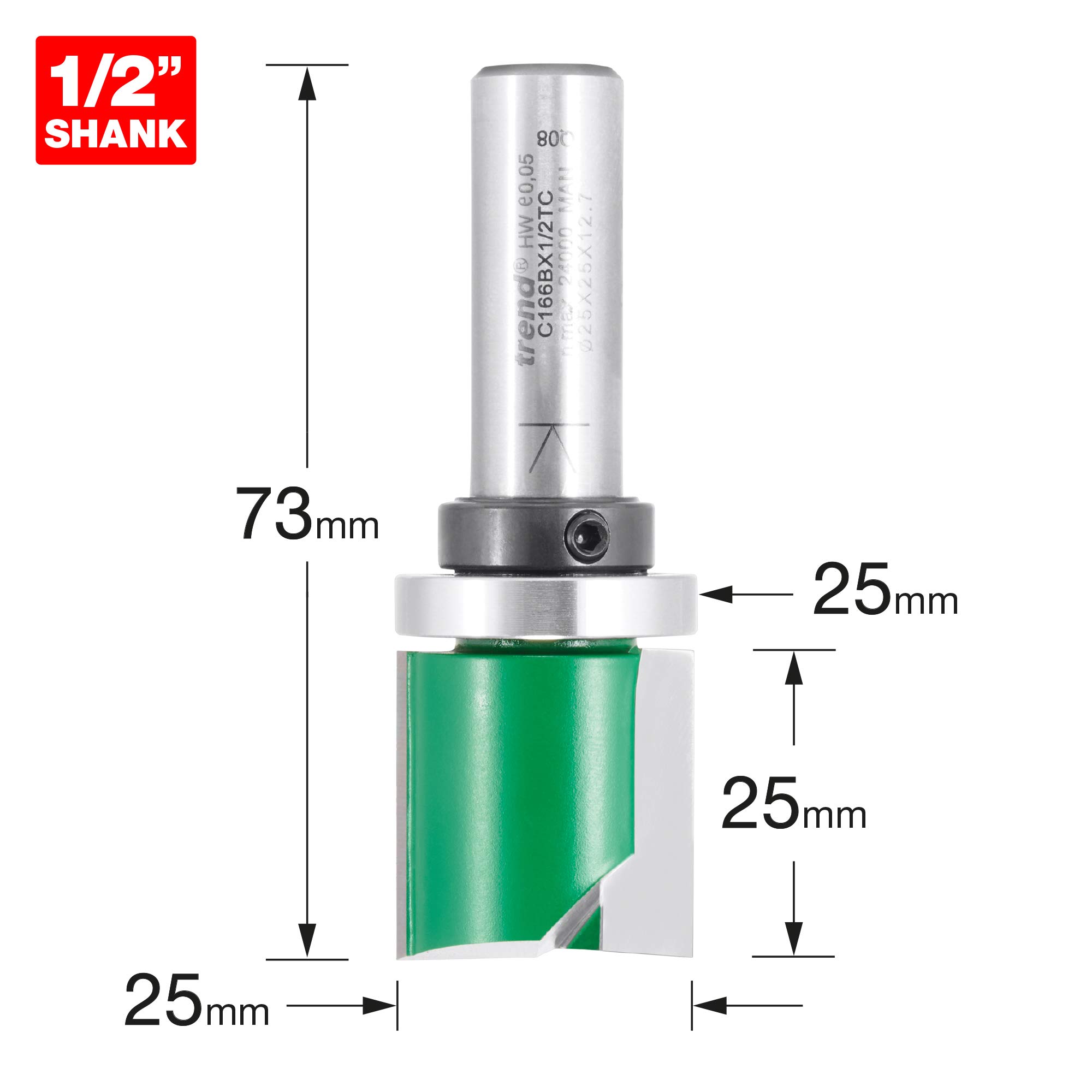 Trend CraftPro frez profilowy z prowadzeniem do frezarki górnowrzecionowej, trzpień 1/2 cala, średnica cięcia 25 mm i długość cięcia 25 mm, węglik spiekany (TCT), C166BX1/2TC