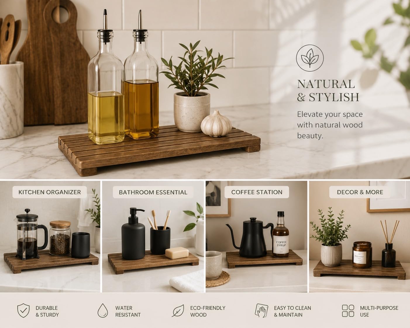 LO-MAS Handmade Wooden Counter Tray, 15x30 cm Decorative Kitchen Organizer for Olive Oil Bottles, Soap Dispensers, Toiletries, Plants & Coffee Bar Accessories