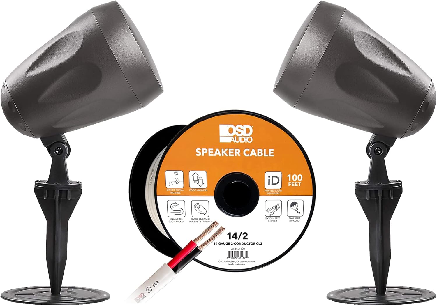 OSD Audio Outdoor Audio Bundle – (2) 6.5" 70V/8 Ohm Landscape Speakers with 100ft 14AWG Direct Burial Speaker Cable Audio for Yards, Walkways & Commercial Spaces