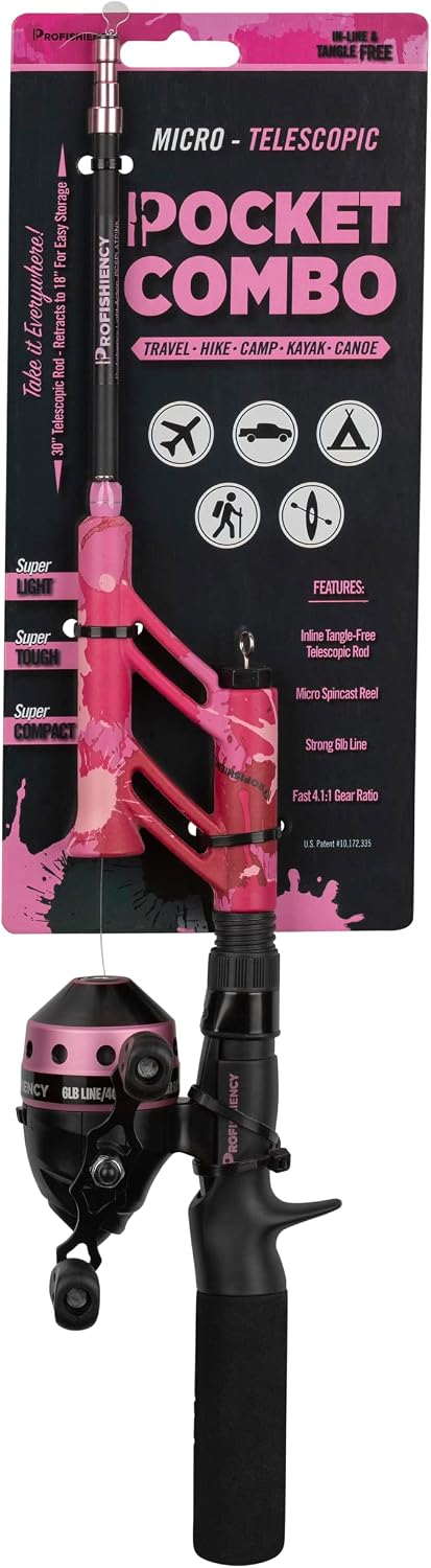 ProFISHiency Pink Splat Pocket Combo | 30” Light Action Tangle-Free Telescopic Fiberglass Rod | Micro Spincast Reel w/ 4.1:1 Gear Ratio | Pre-Spooled w/ 6lb Line