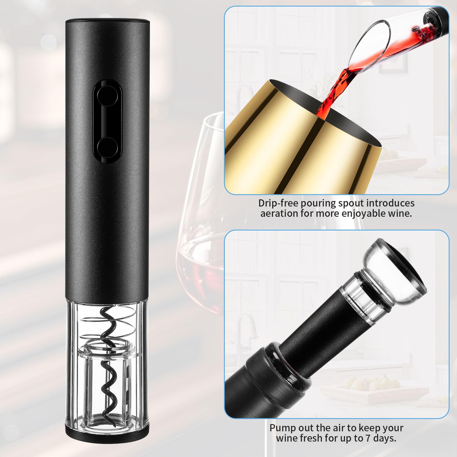 MegaTrend Abridor de vino eléctrico recargable, juego de sacacorchos automático, incluye copa de vino dorada de 2, copa de acero inoxidable, regalo ideal para bodas, cumpleaños, niñas, hombres