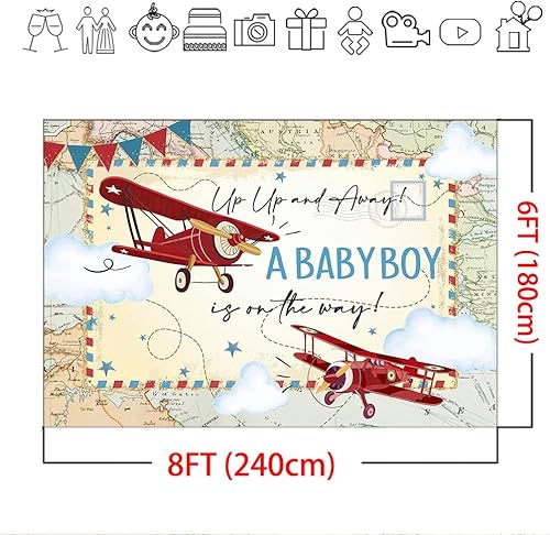 Miniatura 4 de Mocsicka Telón de fondo rojo de avión para baby shower, mapa de aventura de avión vintage, un bebé niño está en camino, fondo de fiesta de baby