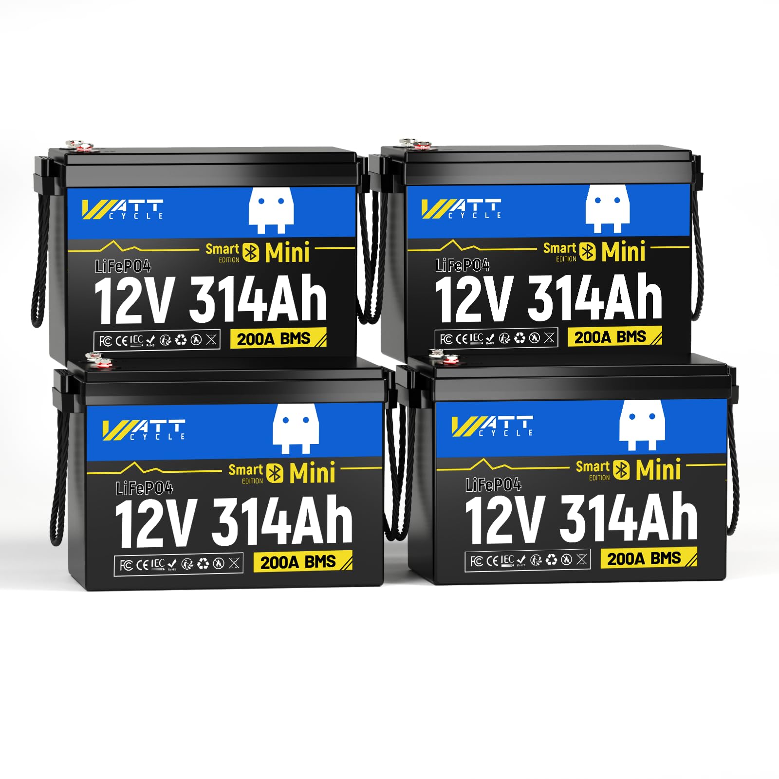 12V 314Ah LiFePO4 Battery with Bluetooth, 200A BMS Rechargeable Lithium Battery, 15000 Charge Cycles, 4019 Wh Energy, Ideal for Off-Grid Applications, Motorhomes (12V314miniBT-4Pack)