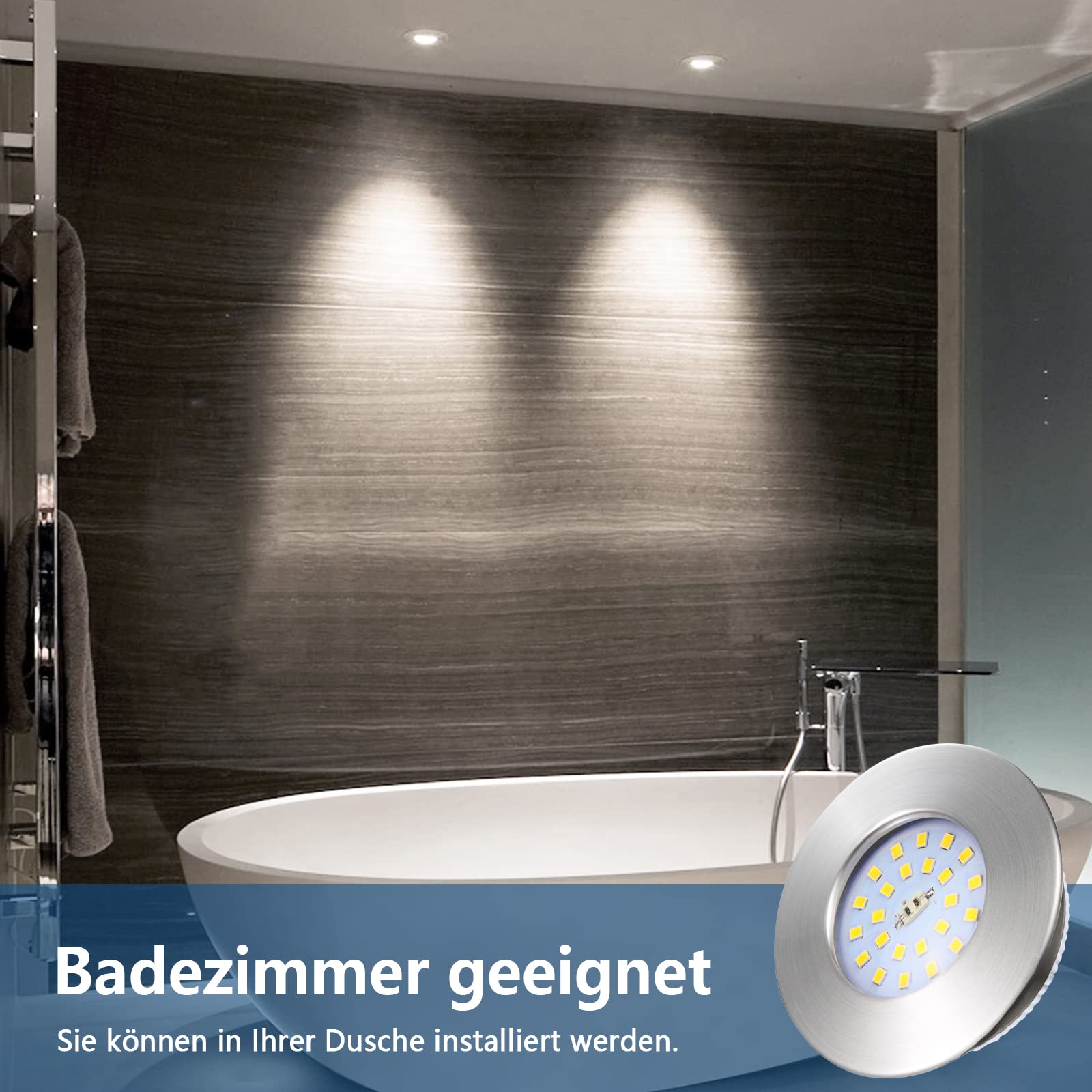 HiBay Einbaustrahler LED Flach 7W LED Spot Badezimmer IP44 Deckenspots Rund Matt Nickel 6000K Kaltweiß Einbauleuchten 850lm 10er Set