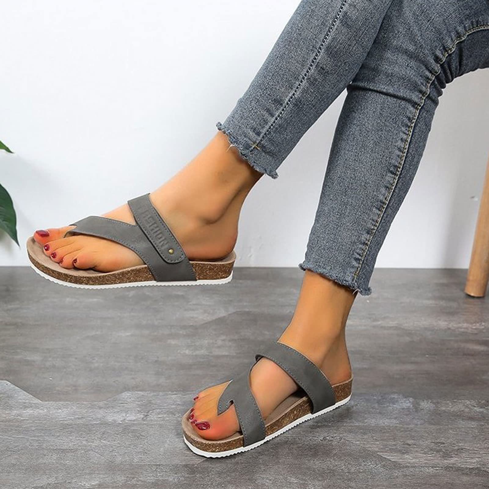Bunion Sandalen voor Dames Comfort Grote Teen Bot Corrector Platte Schoenen Orthopedische Teen Ring Slides Casual Bowtie Open Teen Zomer Slippers(Size: 40,Color:Khaki