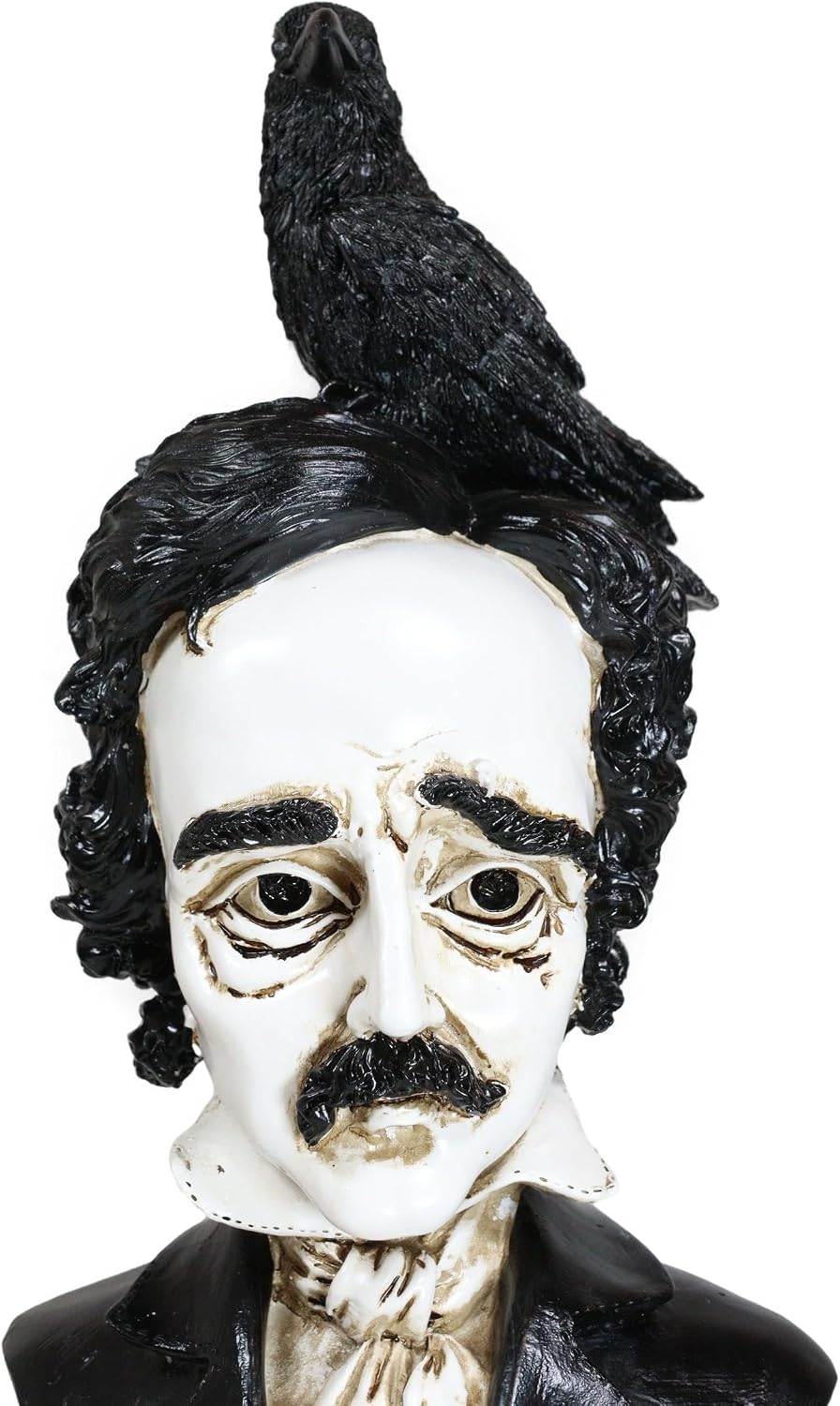 Ebros Gift Gothic Day of The Dead Edgar Allan Poe Bust with Perching Raven Crow Bird Figurine Quoth The Raven Nevermore Ossuary Macabre Literary Sculpture