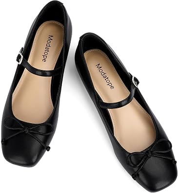 Modatope Mary Jane Shoes Women Ballet Flats for Women | Square Toe Slip on Bow Bowknot Ballerina Flat Comfortable Dressy Maryjane Shoes Womens Flats with Adjustable Strap