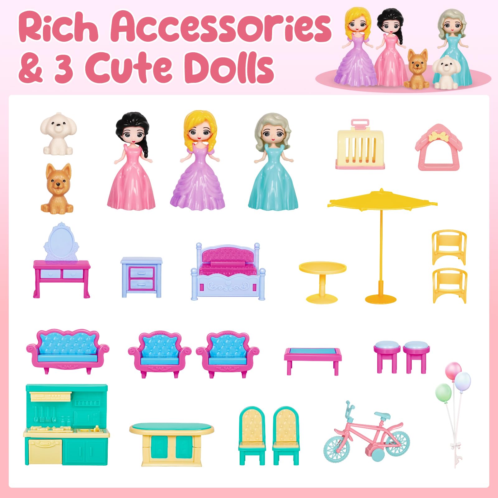 deAO Casa delle Bambole con Mobili e Accessori,Casetta Bambole con 2 Piani, 3 Camere da Letto, Balcone, 3 Bambole, 17 Mobili, Biciclette,Regalo per Bambina per 3 4 5 6 7 8 Anni, LY233-03