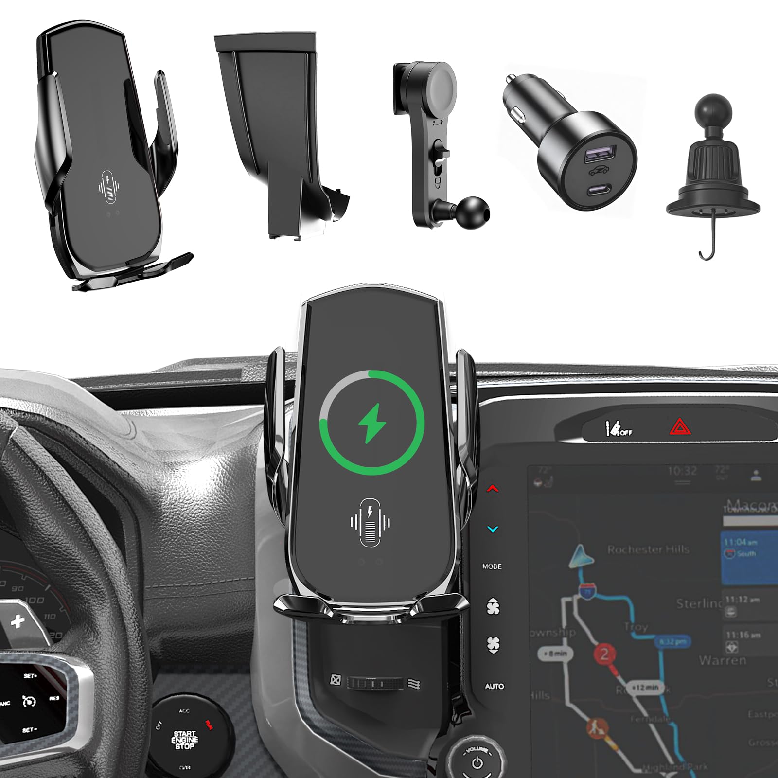 Car Phone Mount for RAM 1500 2500 2018 2023 Dodge RAM Phone Mount 15W Fast Charging Auto-Clamping Truck
