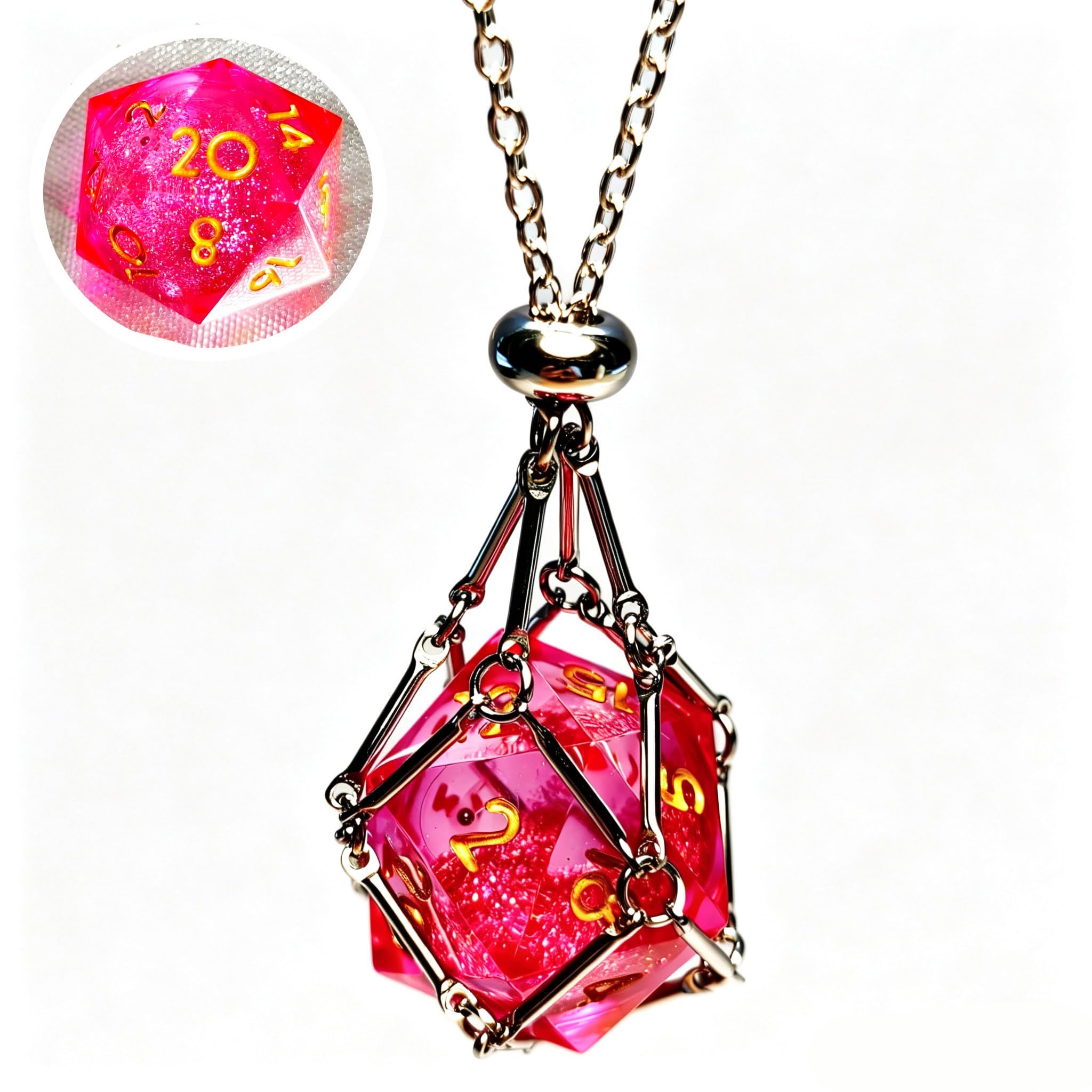 DND D20 Liquid Core Dice Necklace - Interchangeable Stainless Steel Cage for d&d Dice，Dice Pendant DND Gift for Dungeon Master, D&D Player and RPG Gamer (Pink)