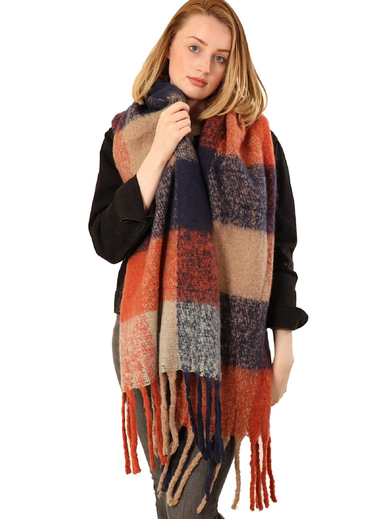 Style Slice Women's Navy Blue & Orange Thick Scarf Blanket Scarf Oversized Tartan Scarves Scottish Blanket Shawl Winter Wraps Pink Grey Black Mustard Red (Navy Blue & Orange)