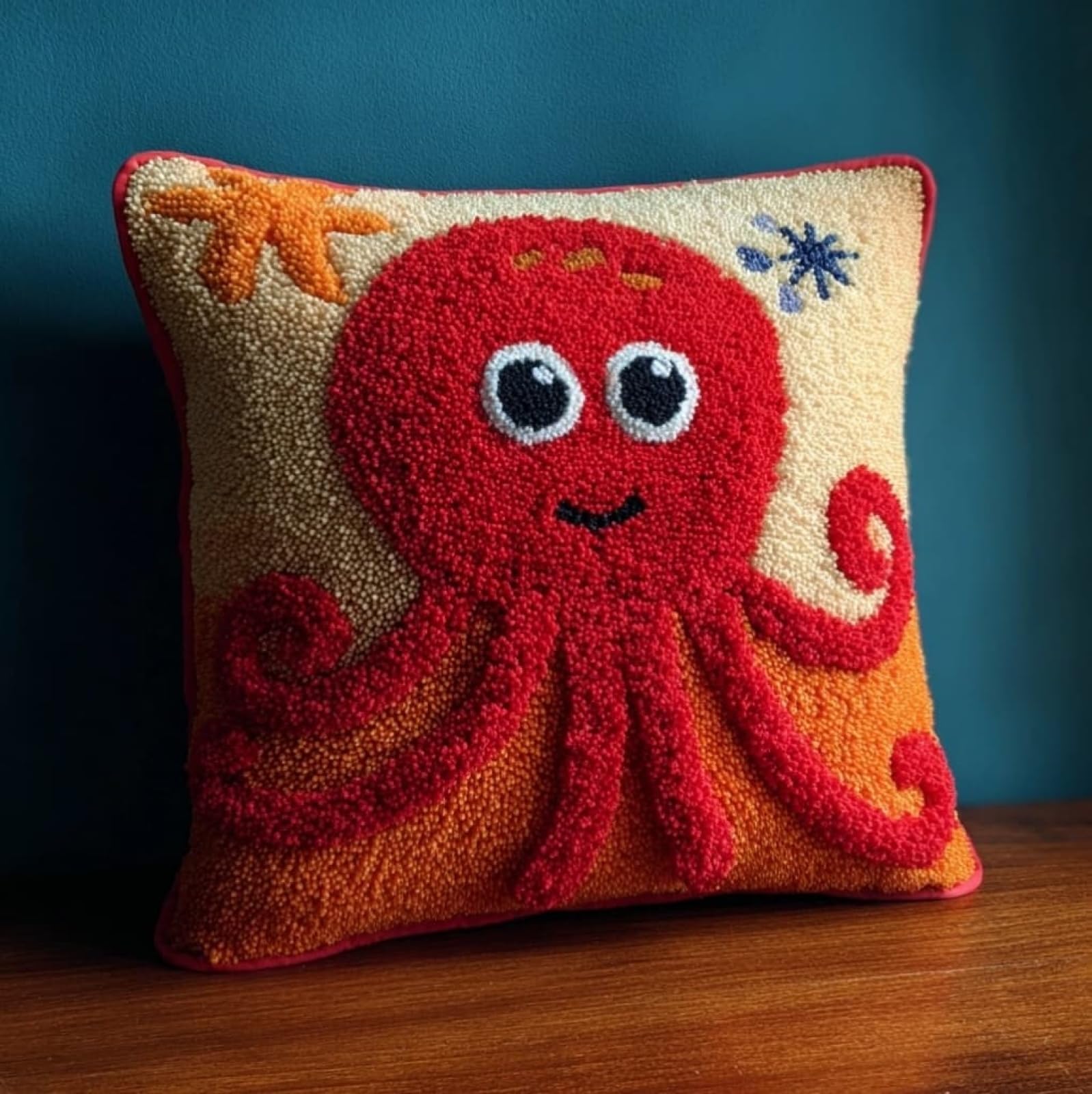 AxiangziK Beginners DIY Crochet Pillow Kit,Cartoon Octopus Pre-Printed Pillowcase Hook and Latch Rug Kits 17X17 Inch Needlework Cushion Cover for Home Sofa Decoration