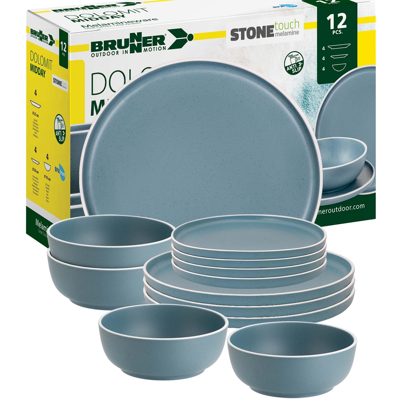 BRUNNER Melamin Geschirr-Set Camping 12-Teilig DOLOMIT Midday Stapelbar | Antislip (Antirutsch), 2-4 Personen, wie Steingut (StoneTouch), Bruchfest, Teller & Schüsseln, Wohnmobil Wohnwagen Boot
