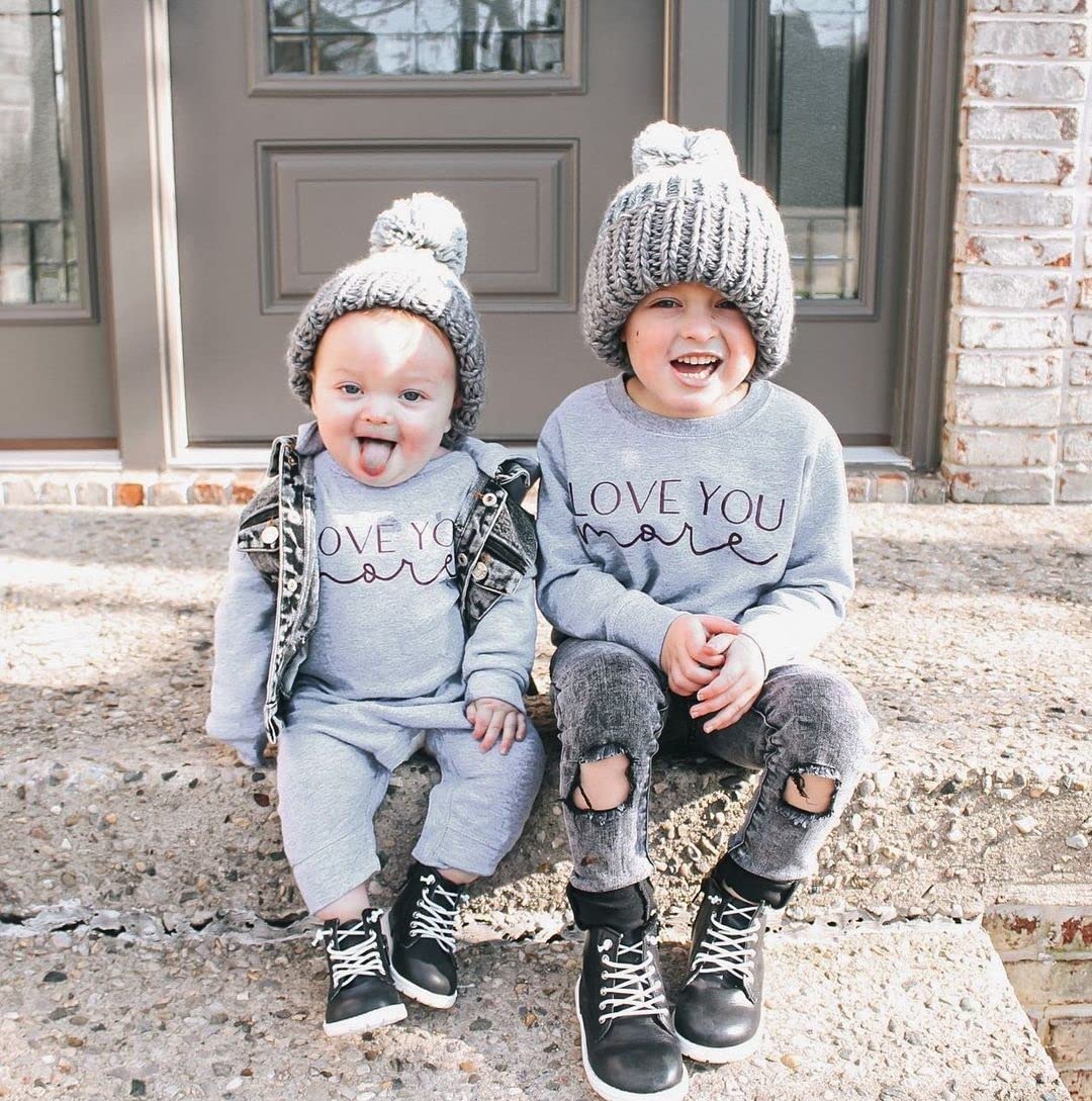 Toddler Baby Girl Boy Valentine's Day Outfit Long Sleeve Love You More Crewneck Sweatshirt Romper Matching Clothes (Sweatshirt-Grey,12-18 Months)