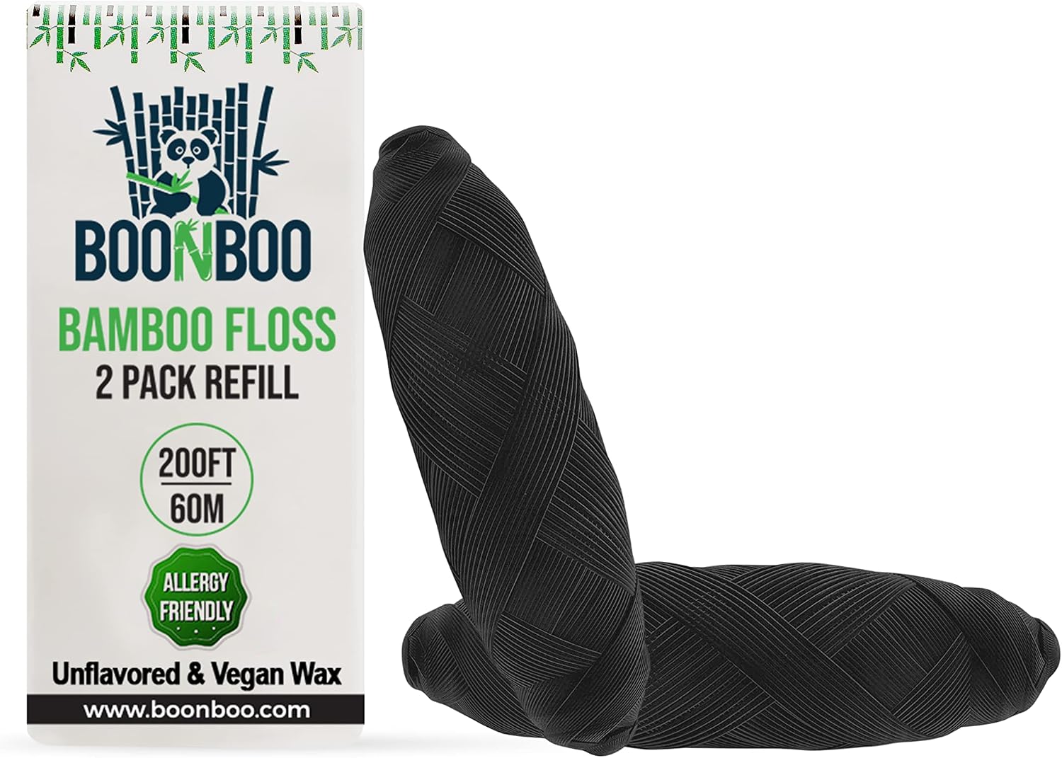 BOONBOO 2-Pieces Dental Floss Refill - Total 200ft/60m, Bamboo Charcoal Woven Fiber - Black Teeth Flossing Threads, Unflavored