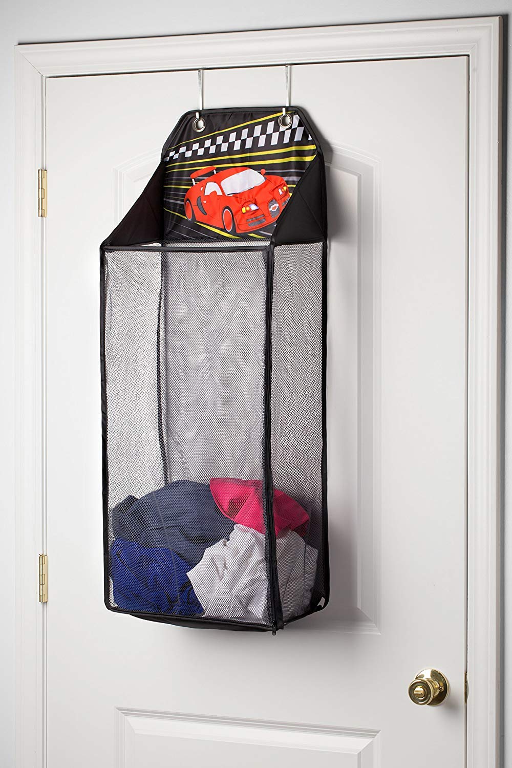 Store&Score Over The Door Hanging Kids Fun LED Race Car Light-Up Collapsible Mesh Laundry Hamper, Toy Chest, Metal Hooks Included