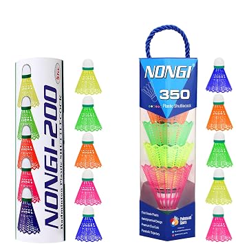 350 and 200 Badminton Plastic Shuttlecocks Combo Pack of 10 for Indoor and Outdoor Sports, (NONGI 350-5pcs Multicolor Shuttlecocks & NONGI 200-5pcs Multicolor Shuttle) Speed - Medium 77