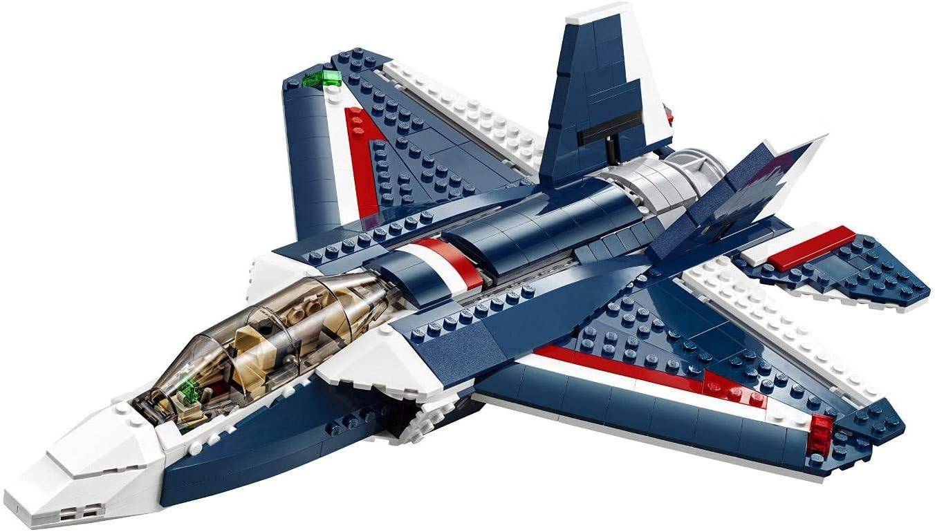 Assembled LEGO Creator 31039 High-Tech Helicopter, showing its main rotor and tail rotor, in dark-blue and white.