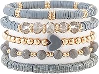 RISHEGAE Heishi Beaded Stretch Bracelets for Women - Stackable Polymer Clay Boho Summer Beach Jewelry Set, Hypoallergenic