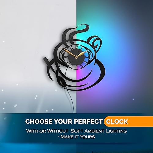 Miniatura 6 de Reloj de taza de café con luces LED, decoración de pared de bar, idea de regalo, disco de vinilo retro negro, decoración temática de cafetería para