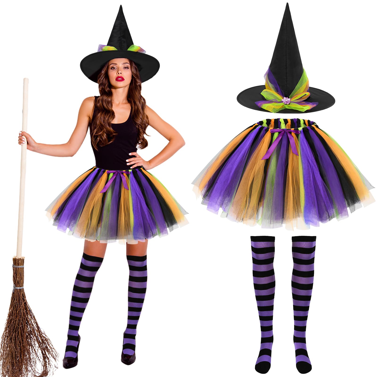 Beipegin Witches Costume Women Tutu Skirt Witches Hat and Stockings Witch Outfit Adult Halloween Costumes for Women
