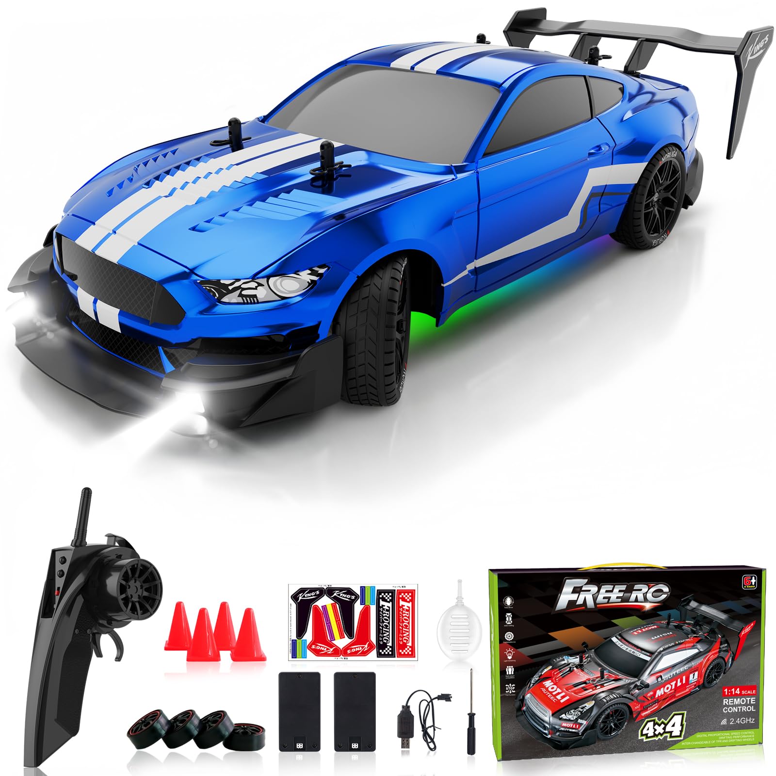 Remote Control Car RC Drift Car 1:16 Scale 4WD RC Vehicle with Spray, Cool Lights, 2.4GHz 30km/h RTR High Speed Racing Sport Toy for Adults Boys Girls Kids Gift 2Pcs Rechargeable Battery